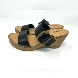 Born Black Genuine Leather Wedge Sandals with Tan Sole